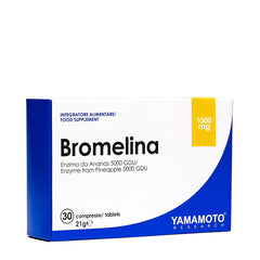 Yamamoto Nutrition Bromelain supplement box, 1000 mg, contains 30 tablets for digestive health and inflammation support.