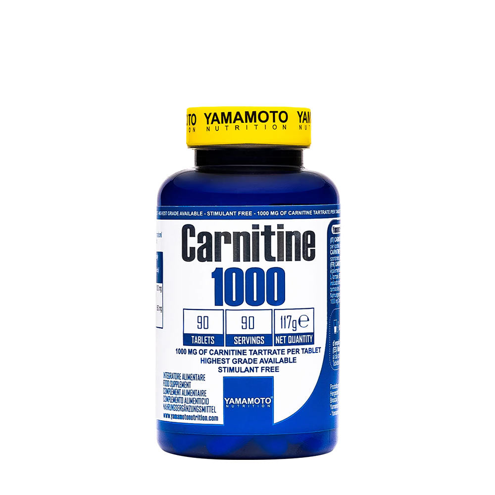 Yamamoto Nutrition Carnitine 1000 mg supplement bottle, 90 stimulant-free tablets for energy and fat metabolism.