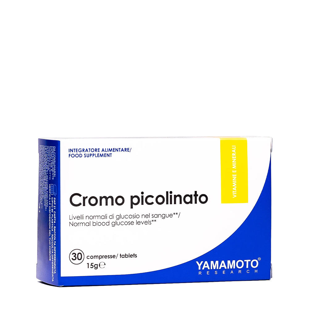 Yamamoto Nutrition Cromo Picolinato supplement box for normal blood glucose levels, 30 tablets, 15g.