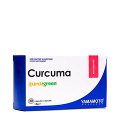 Yamamoto Nutrition Curcuma Curcugreen™ food supplement box with 30 capsules featuring antioxidant benefits.