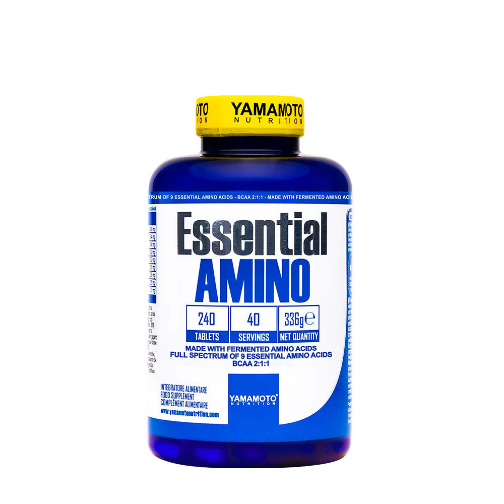 Yamamoto Nutrition Essential AMINO supplement bottle with 240 tablets, containing essential amino acids.