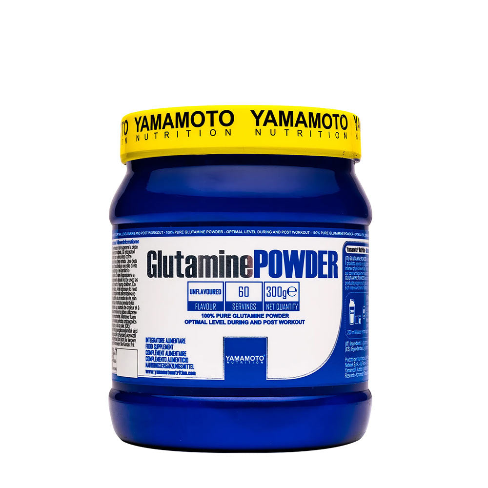 Yamamoto Nutrition Glutamine POWDER container, 300g, supports muscle recovery and energy, unflavored formula.