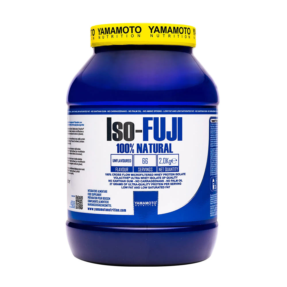 Yamamoto Nutrition Iso-FUJI 100% Natural whey protein isolate jar, 2.0kg, labeled with nutritional information.