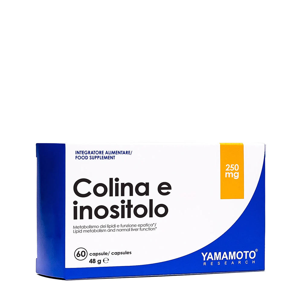 Yamamoto Nutrition Colina e Inositolo dietary supplement box featuring 60 capsules for lipid metabolism and liver health.