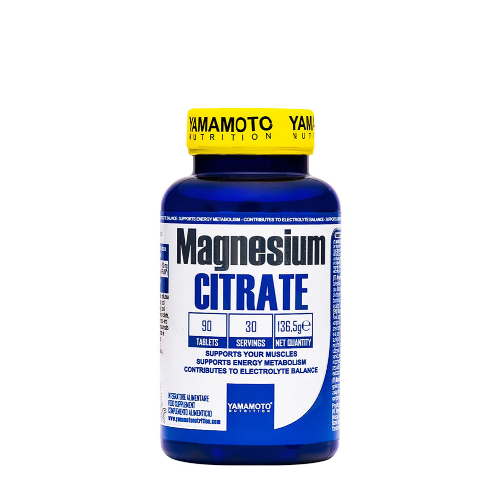 Yamamoto Nutrition Magnesium Citrate supplement bottle, supports muscle function and electrolyte balance.