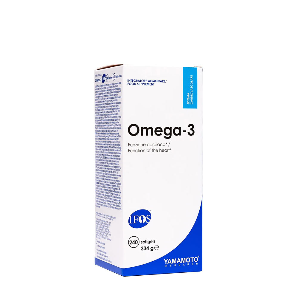 Yamamoto Nutrition Omega-3 IFOS™ supplement box, 240 softgels for heart health.