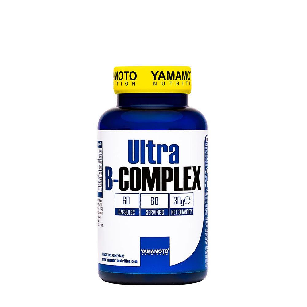 Yamamoto Nutrition Ultra B-COMPLEX supplement bottle with 60 capsules for energy and brain function.