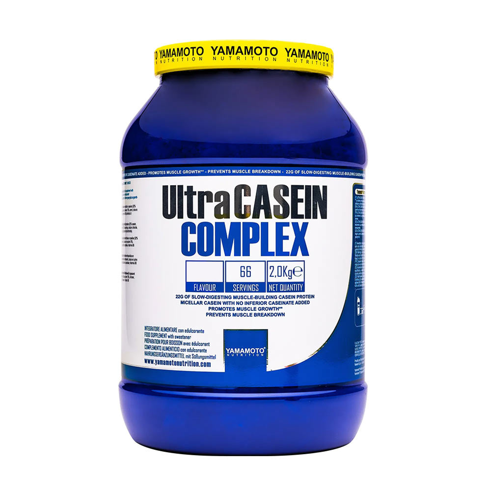 Yamamoto Nutrition Ultra Casein COMPLEX protein powder in a blue container, 2kg micellar casein for muscle support.