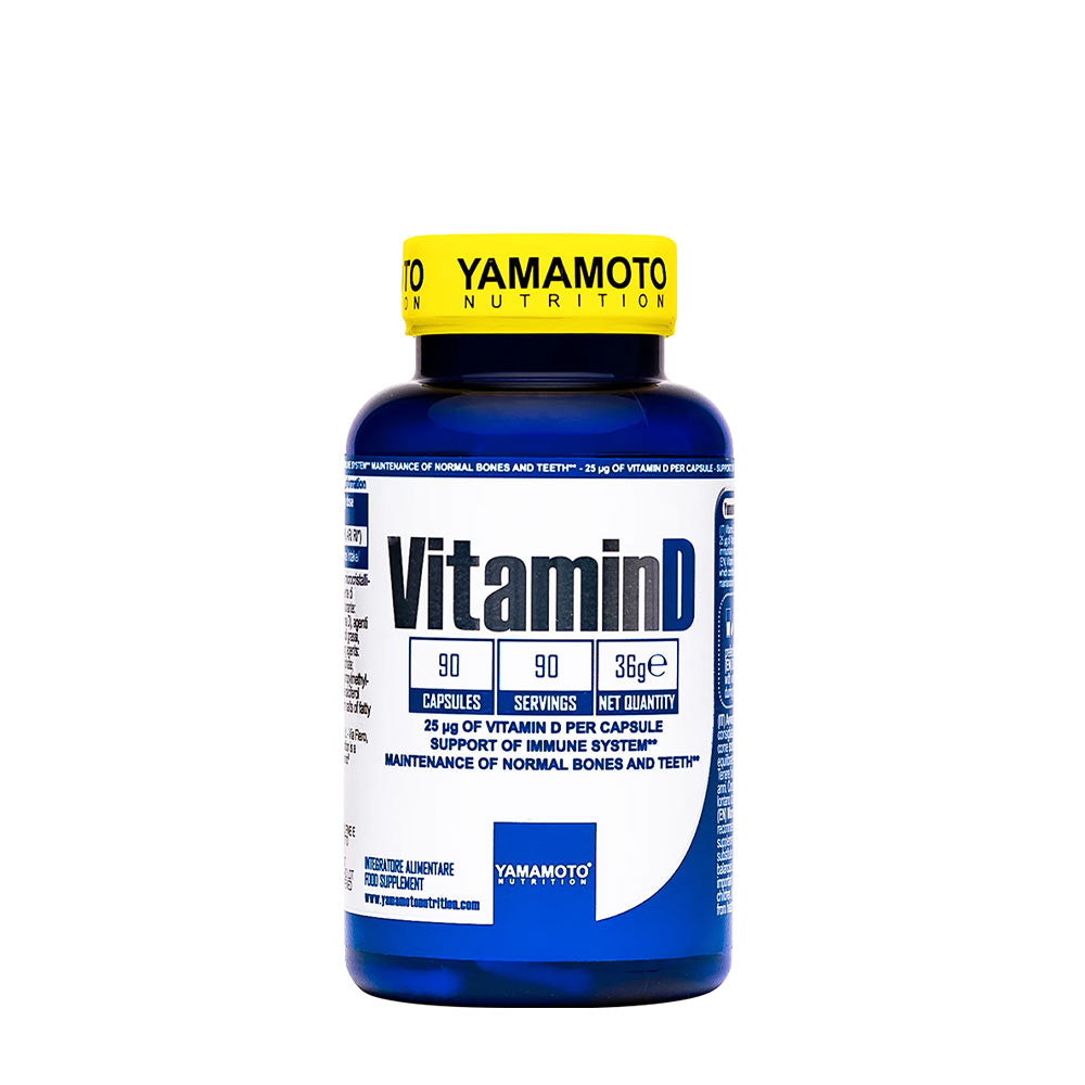 Yamamoto Nutrition Vitamin D supplement bottle with 90 capsules, 25 mcg of vitamin D per capsule for bone and immune health.