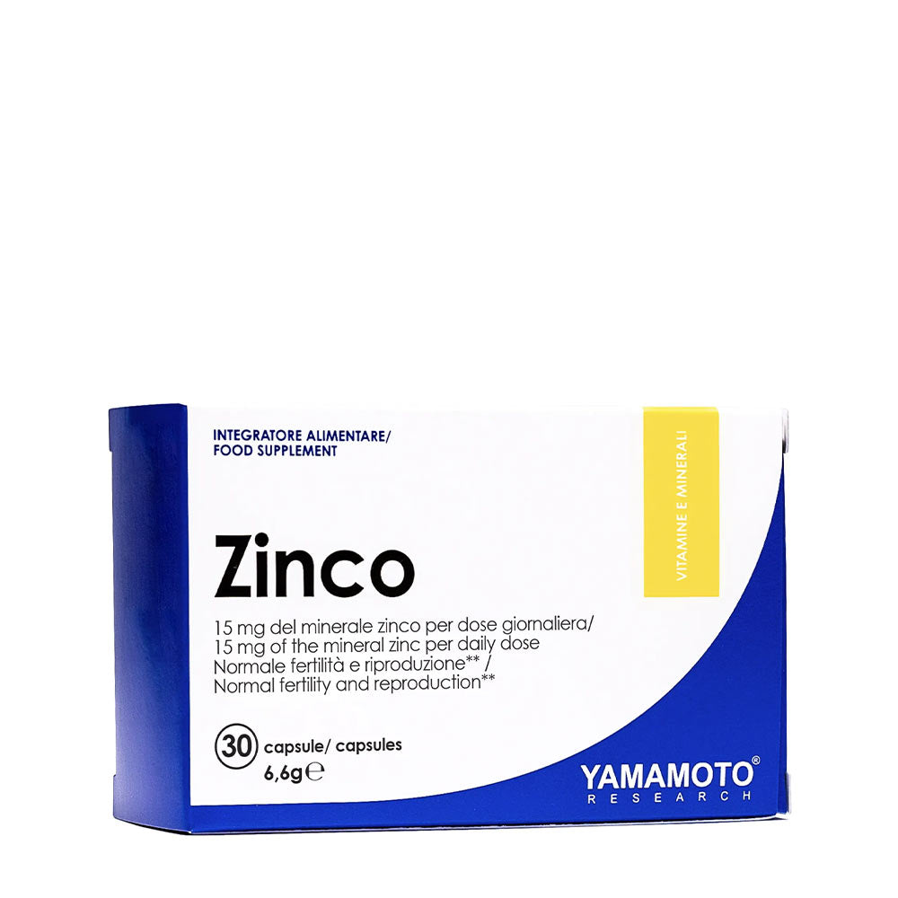 Yamamoto Nutrition Zinco 15 mg zinc supplement box with 30 capsules, supports immune function and healing.