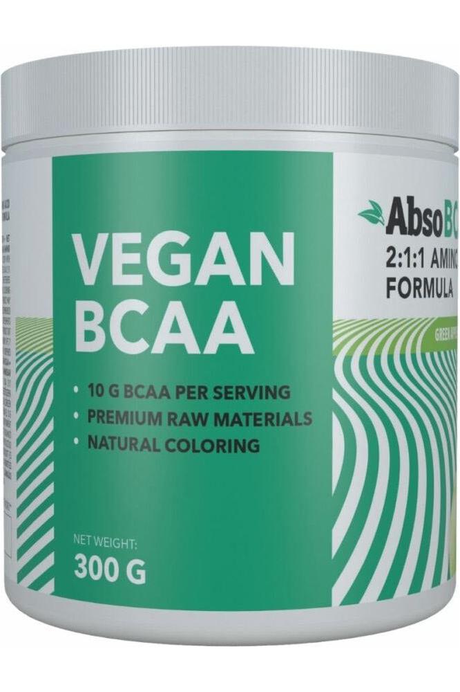 AbsoRICE Vegan BCAA in green apple flavor, 300g tub, featuring 10g BCAA per serving and natural coloring.