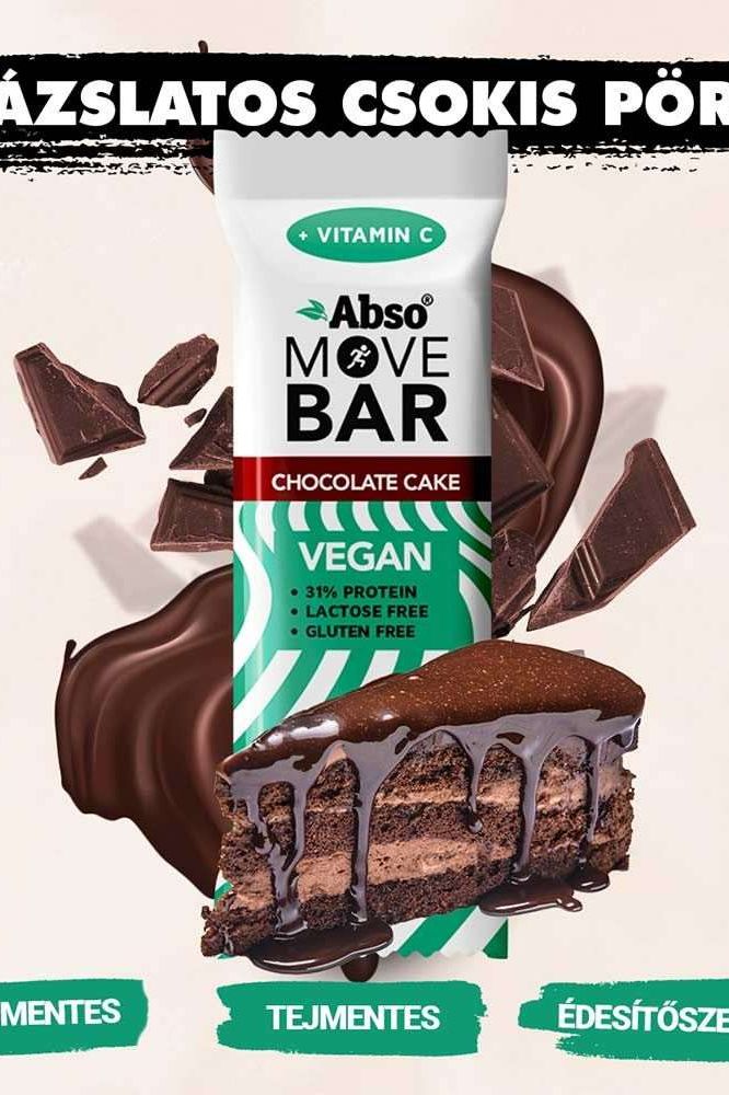 AbsoRICE Move Bar Chocolate Cake flavor, vegan, gluten-free, protein-rich snack with dark chocolate.