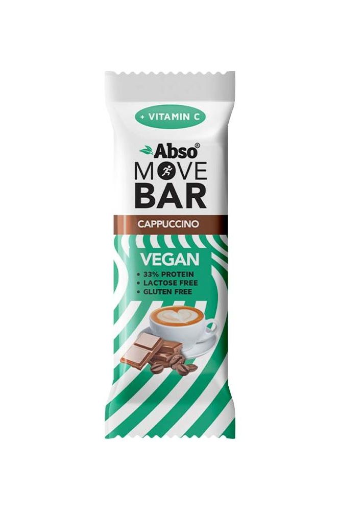 AbsoRICE Move Bar in Cappuccino flavor, vegan, gluten-free, lactose-free, packed with protein and vitamin C.