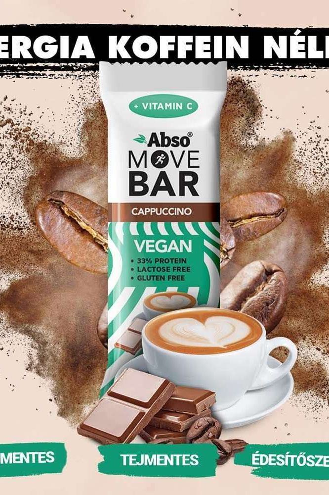 AbsoRICE Move Bar Cappuccino flavor packaging, vegan, gluten-free, energy snack with protein.