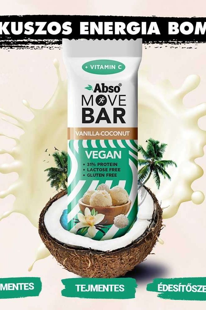 AbsoRICE Move Bar in vanilla-coconut flavor, vegan, gluten-free, and lactose-free protein bar packaging.