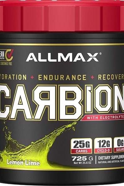 AllMax Nutrition Carbion+ container, lemon-lime flavor, promoting hydration and endurance for workouts.