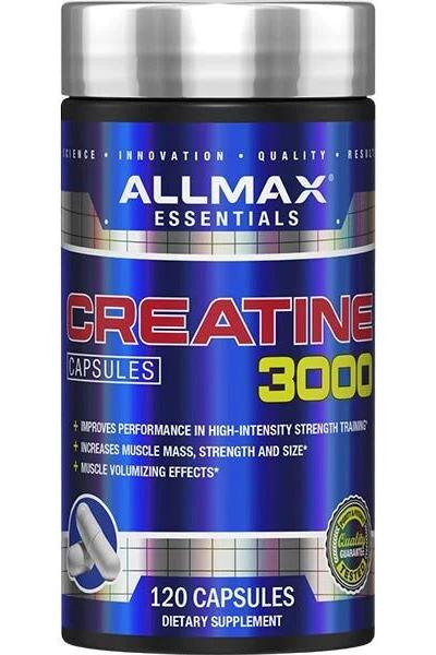 AllMax Nutrition Creatine 3000 capsules bottle, 120 count, enhances muscle mass and strength.
