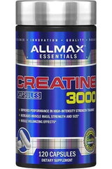 AllMax Nutrition Creatine 3000 capsules bottle, 120 count, enhances muscle mass and strength.