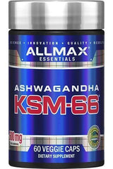 AllMax Nutrition KSM-66 Ashwagandha 600mg supplements in a blue container with 60 veggie caps.