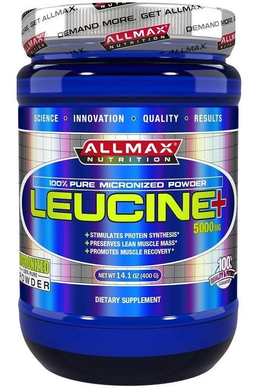 AllMax Nutrition Leucine + 5000mg supplement container, 400g, promoting muscle recovery and protein synthesis.