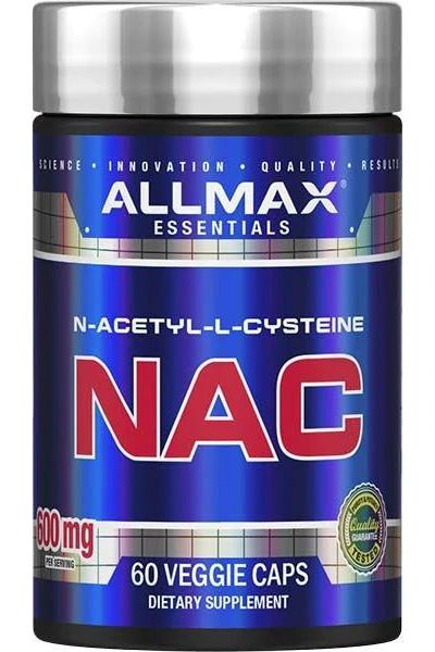 AllMax Nutrition NAC supplement bottle with 60 veggie caps for detox and immune support.
