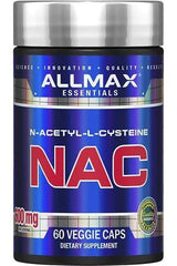 AllMax Nutrition NAC supplement bottle with 60 veggie caps for detox and immune support.