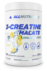 Allnutrition 3-Creatine Malate supplement container with lemon flavor, 500g for enhanced muscle strength and recovery.