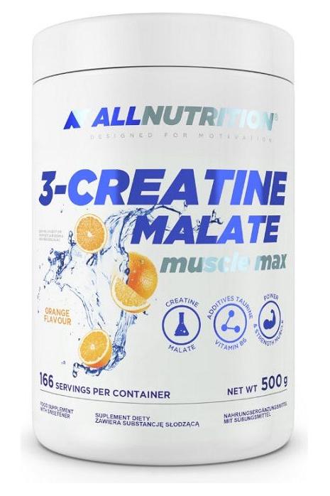 Allnutrition 3-Creatine Malate supplement container with orange flavor, 500g, for improved muscle strength and recovery.
