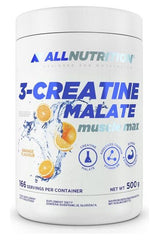 Allnutrition 3-Creatine Malate supplement container with orange flavor, 500g, for improved muscle strength and recovery.
