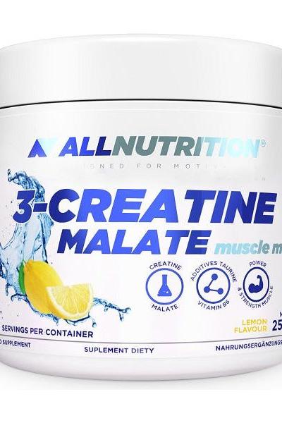 Allnutrition 3-Creatine Malate muscle supplement tub with lemon flavor for improved strength and recovery.