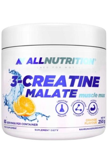Allnutrition 3-Creatine Malate supplement container, orange flavor, enhances muscle strength and recovery.