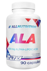 Allnutrition ALA supplement bottle containing 90 capsules of 600 mg alpha-lipoic acid, an antioxidant.