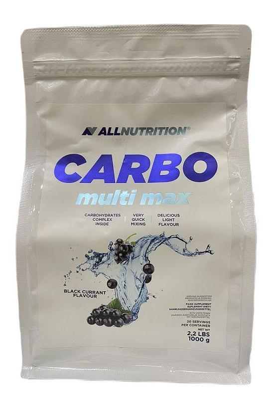 Allnutrition Carbo Multi Max packaging for energy supplement, featuring blackcurrant flavor and detailed nutritional info.