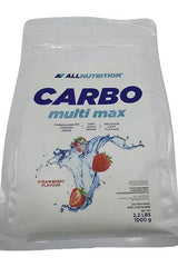 Allnutrition Carbo Multi Max supplement bag featuring strawberry flavor, designed for sustained energy and recovery.