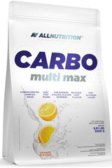 Allnutrition Carbo Multi Max supplement pack, complex carbohydrates for energy, orange flavor, versatile for athletes.