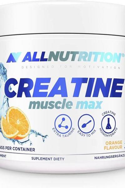 Allnutrition Creatine Muscle Max in orange flavor, high-quality micronized creatine monohydrate supplement.