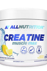 Allnutrition Creatine Muscle Max supplement in lemon flavor, high-quality micronized creatine monohydrate, 250g container.