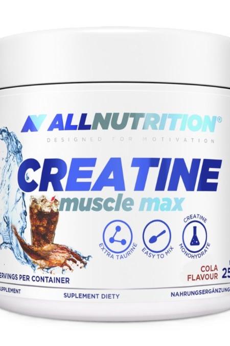 Allnutrition Creatine Muscle Max supplement container with cola flavor, 250g, for improved strength and performance.