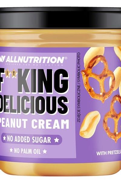 Allnutrition Fitking Delicious Peanut Cream jar with pretzels, no added sugar, and no palm oil.