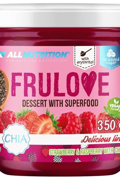 Allnutrition Frulove superfood dessert with chia, strawberry, and raspberry, no added sugar, vegan snack.