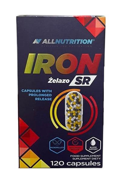 Allnutrition Iron SR supplements box, 120 capsules for enhanced iron absorption and support during pregnancy.