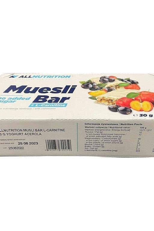 Allnutrition Muesli Bar with L-Carnitine packaging, showcasing high-quality ingredients and nutrition facts.