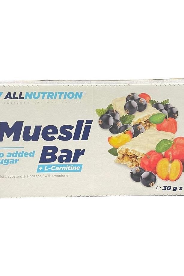Allnutrition Muesli Bar + L-Carnitine packaging, healthy snack with no added sugar, enriched with vitamins.