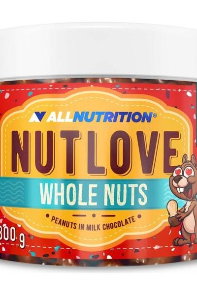Allnutrition Nutlove Whole Nuts jar featuring peanuts in milk chocolate, 300g packaging.
