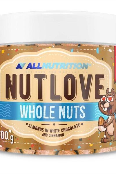 Allnutrition Nutlove Whole Nuts jar featuring almonds in white chocolate and cinnamon, 500g.