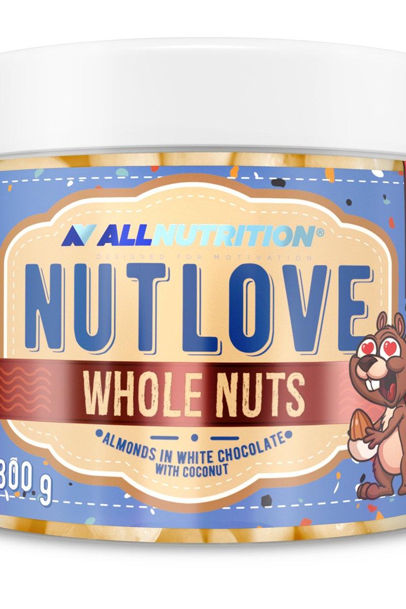 Allnutrition Nutlove Whole Nuts with almonds in white chocolate and coconut, 300g packaging.