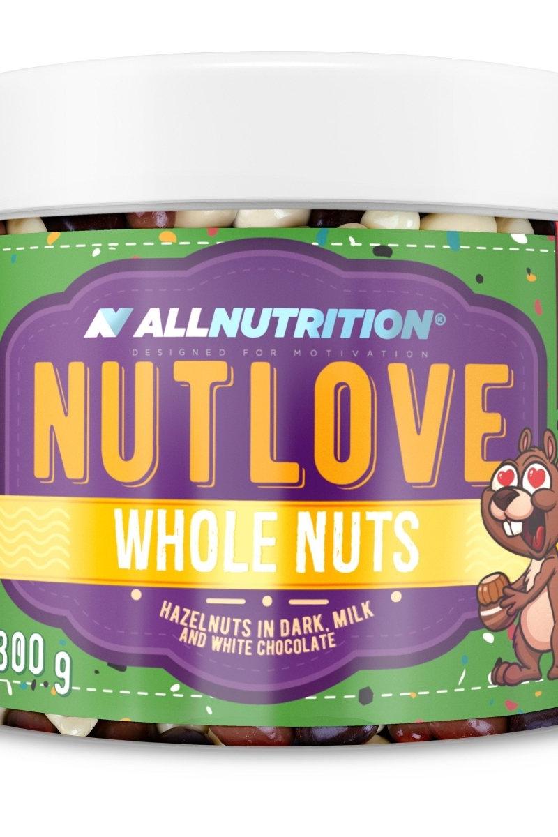 Allnutrition Nutlove Whole Nuts jar featuring hazelnuts in dark, milk, and white chocolate.