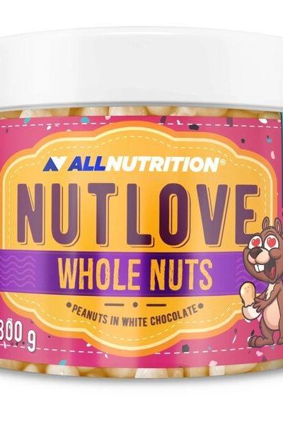 Allnutrition Nutlove Whole Nuts, peanuts in white chocolate, 300g jar, nutritious snack option.