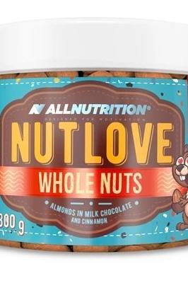 ALLNUTRITION Nutlove Whole Nuts jar featuring almonds in milk chocolate and cinnamon.