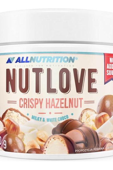 ALLNUTRITION Nutlove Crispy Hazelnut spread featuring milky and white chocolate in a 350g container.